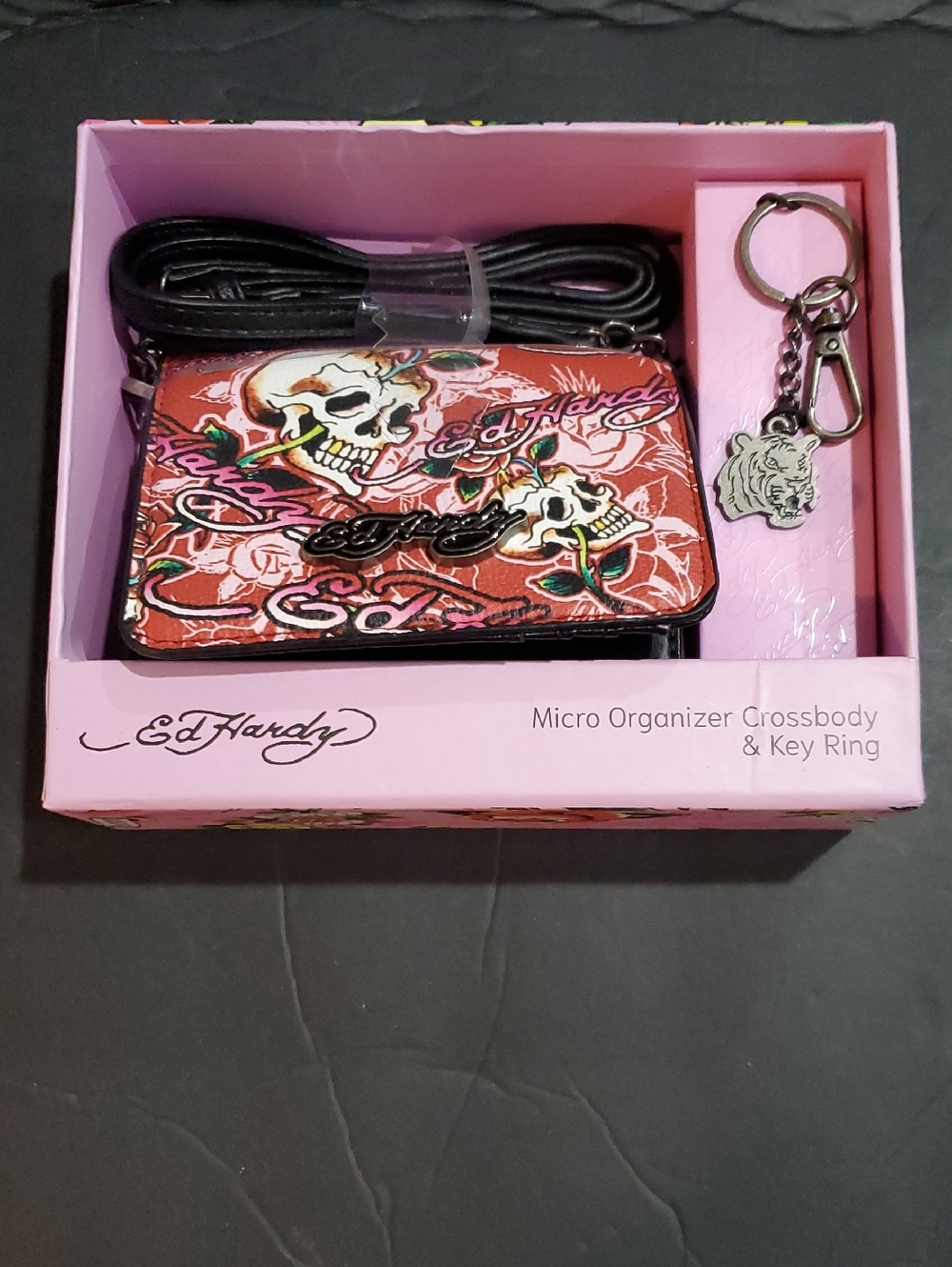 Ed Hardy black and red skull printed micro crossbody organizer bag and charm new